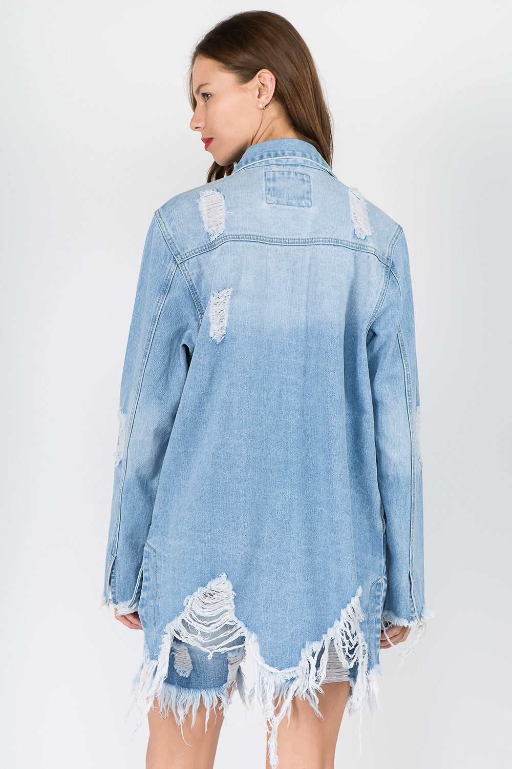 American Bazi 100% Cotton Distressed Frayed Hem Pockets Detail Denim Midi Jacket (Light Blue)