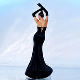 Black Velvet Bow Chest Wrap Hip High Fork Gown