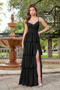 Miriam Fit-and-Flare Tiered Ruffle Slit Maxi Dress (Black)