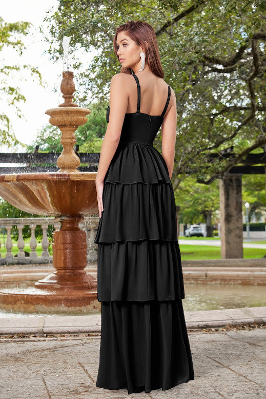 Miriam Fit-and-Flare Tiered Ruffle Slit Maxi Dress (Black)