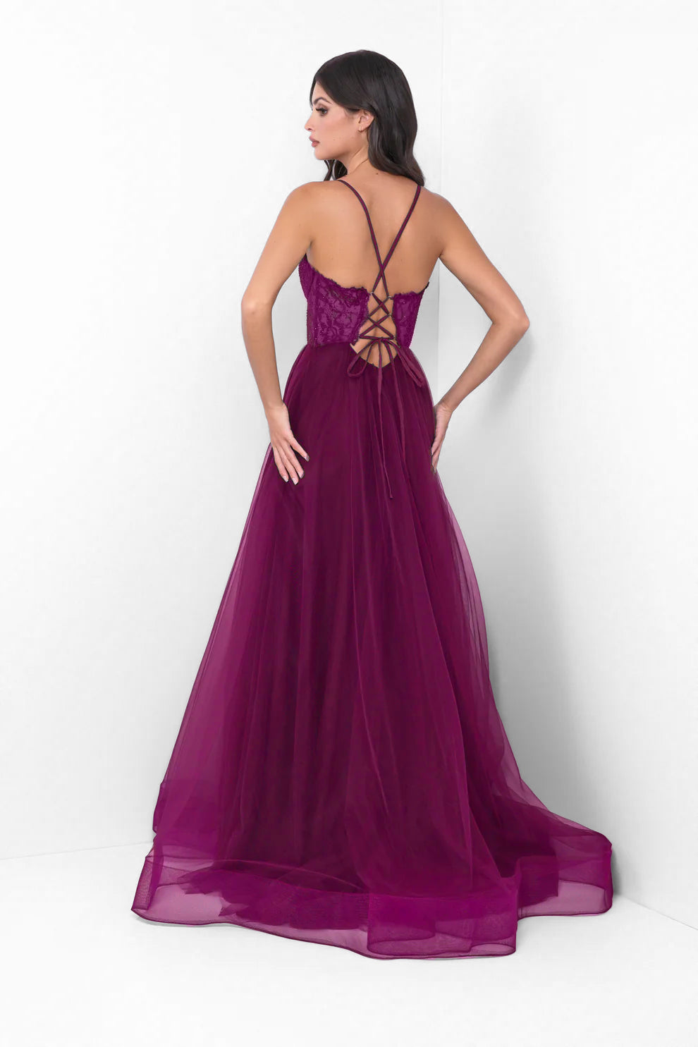 The Dani Tulle A-Line Lace-Up Jeweled Gown (Mulberry)
