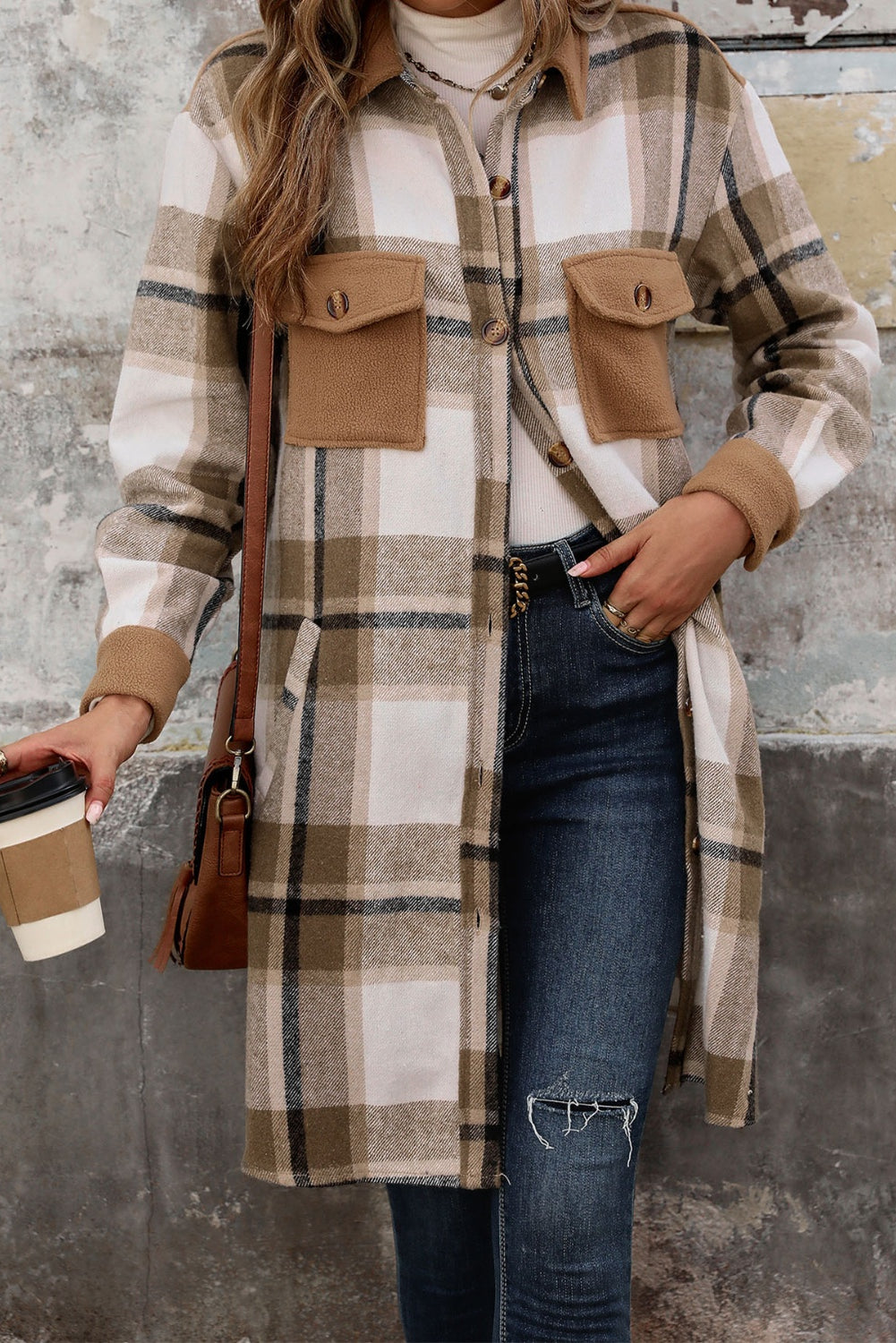 Perfee Polyester Blend Fashion Plus Breast Pocket Detail Plaid Button Up Long Sleeve Coat (Coffee Brown)