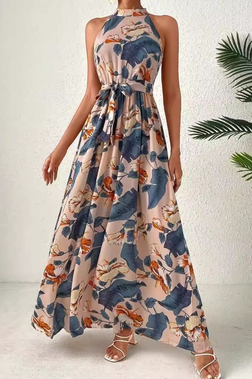 Our Best Polyester Blend Sash Belt Tie Detail Floral Print Sleeveless Maxi Dress (Floral Multi)