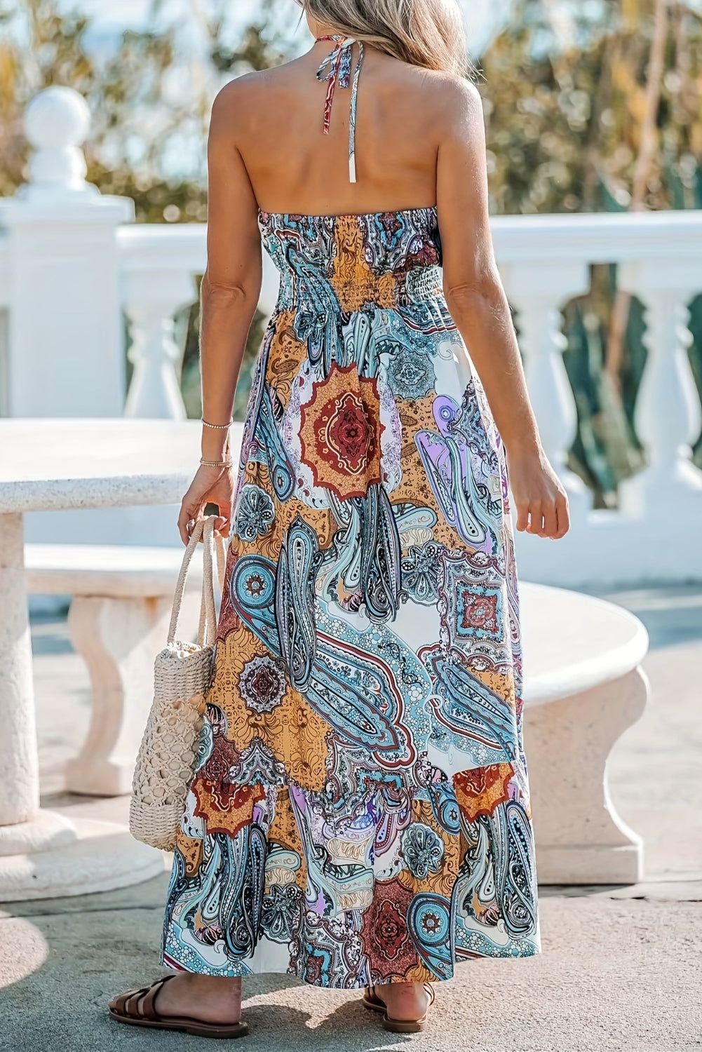 Our Best Polyester/Spandex Exotic Floral Print Halter Neck Maxi Dress (Pastel Blue)