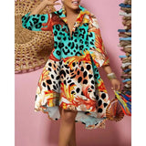 Women Sexy Fashion Printed Shirt Dresses Chic V Neck Loose Long Sleeve Dress Causal Vacation Female Mini Vestidos Robe Clothing - treasures-4-u-2-day