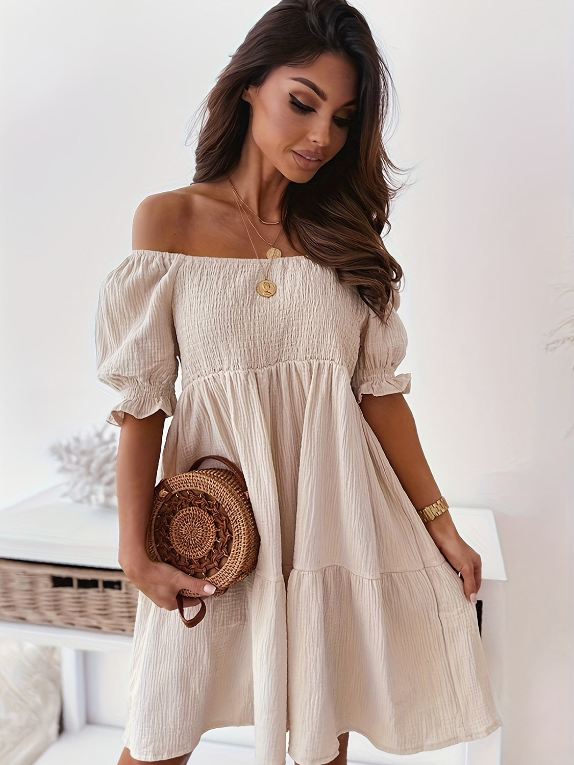 Our Best Polyester/Cotton Blend Off Shoulder Short Puff Sleeve Ruffle Detail Mini Dress (Multicolors)