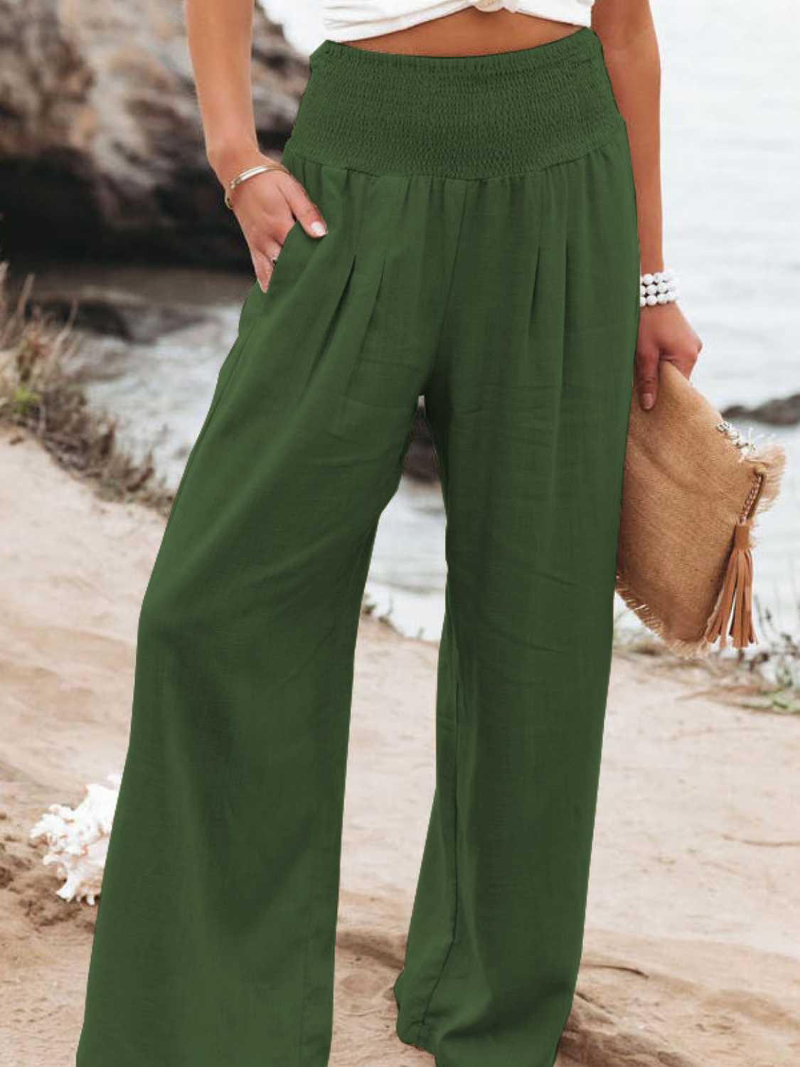 Our Best Polyester/Spandex Blend Deluxe Smocked Waist Wide Flare Palazzo Pants (Multicolors)