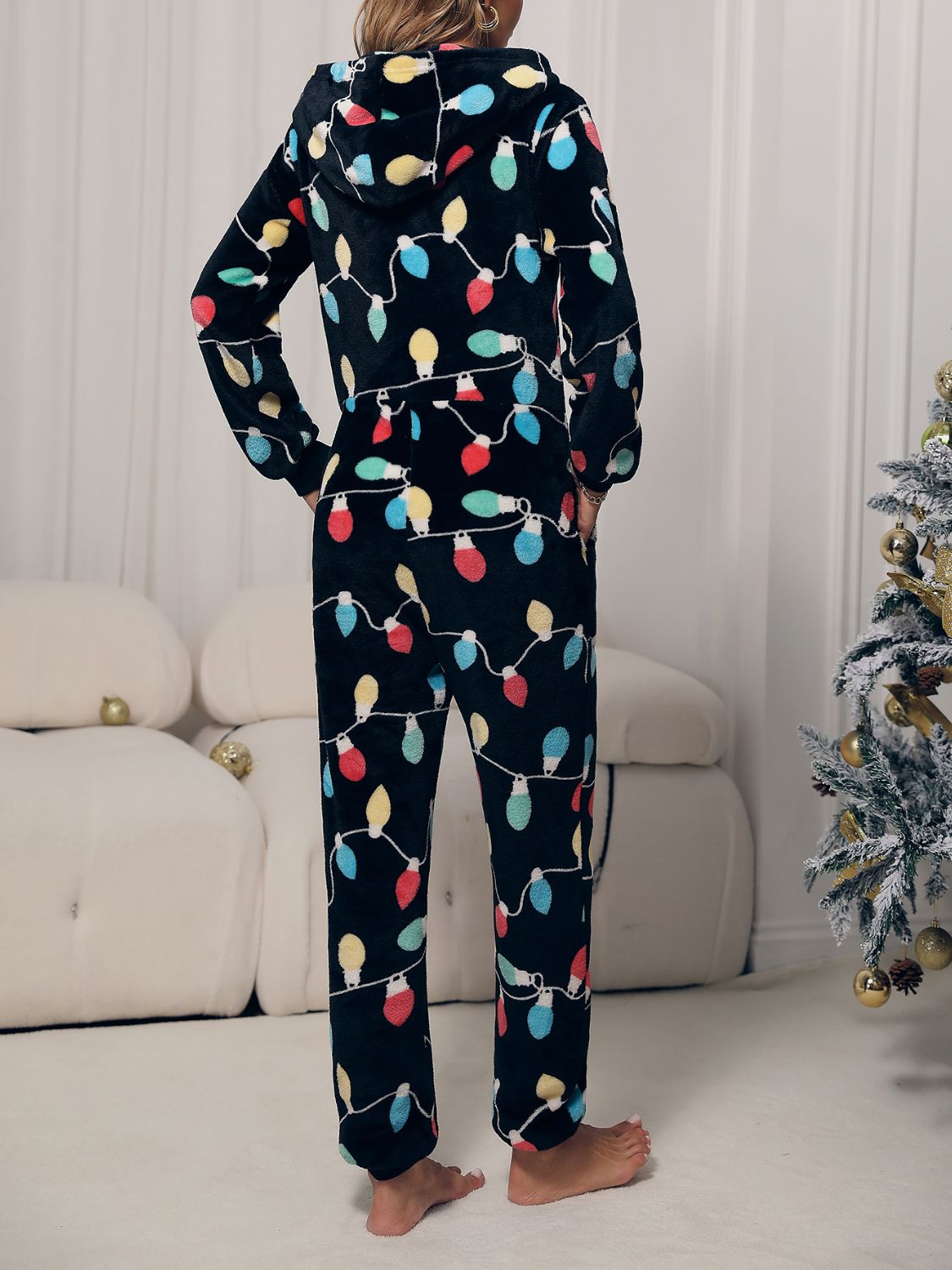 Our Best Zip Front Long Sleeve Pocket Detail Loungewear Jumpsuit (Black/Multicolor)