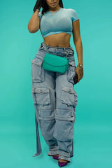 Plus Size Daily Light Blue Spring Summer Pocket Cargo Denim Jeans High Street Harajuku High Waist Casual Loose Denim Trousers - treasures-4-u-2-day