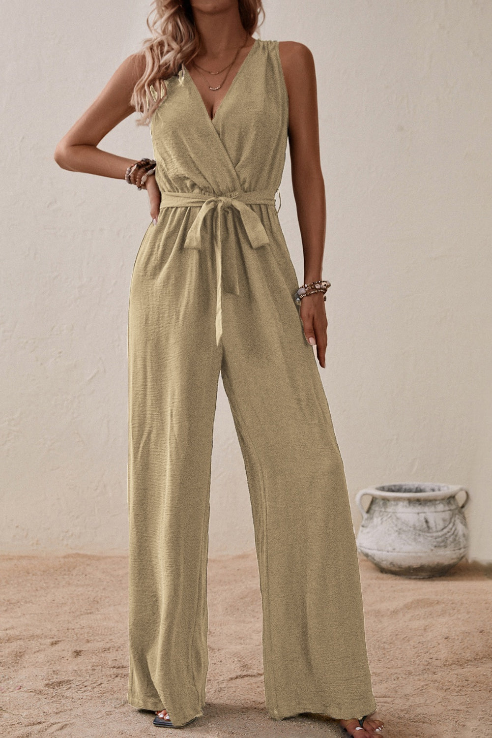 Our Best 100% Polyester Deep-V Sash Tie Belt Loop Detail Surplice Sleeveless Wide Flare Jumpsuit (Multicolor)