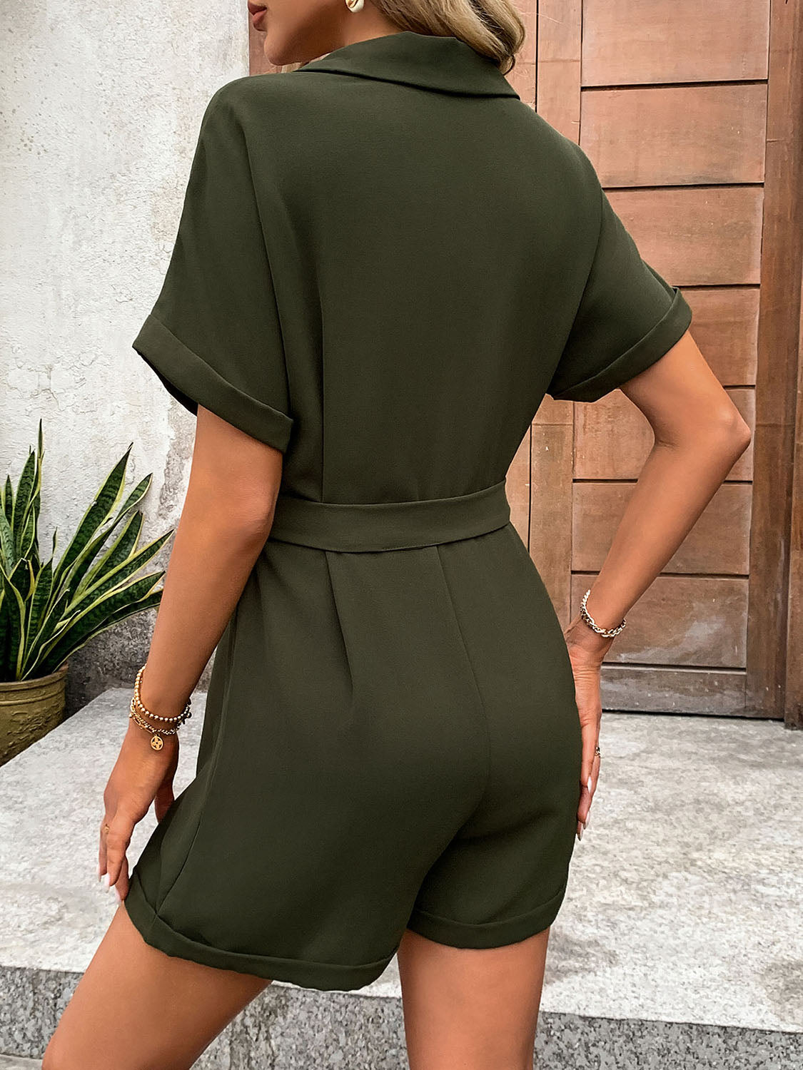 Perfee Half Button Tie Waist Short Sleeve Romper