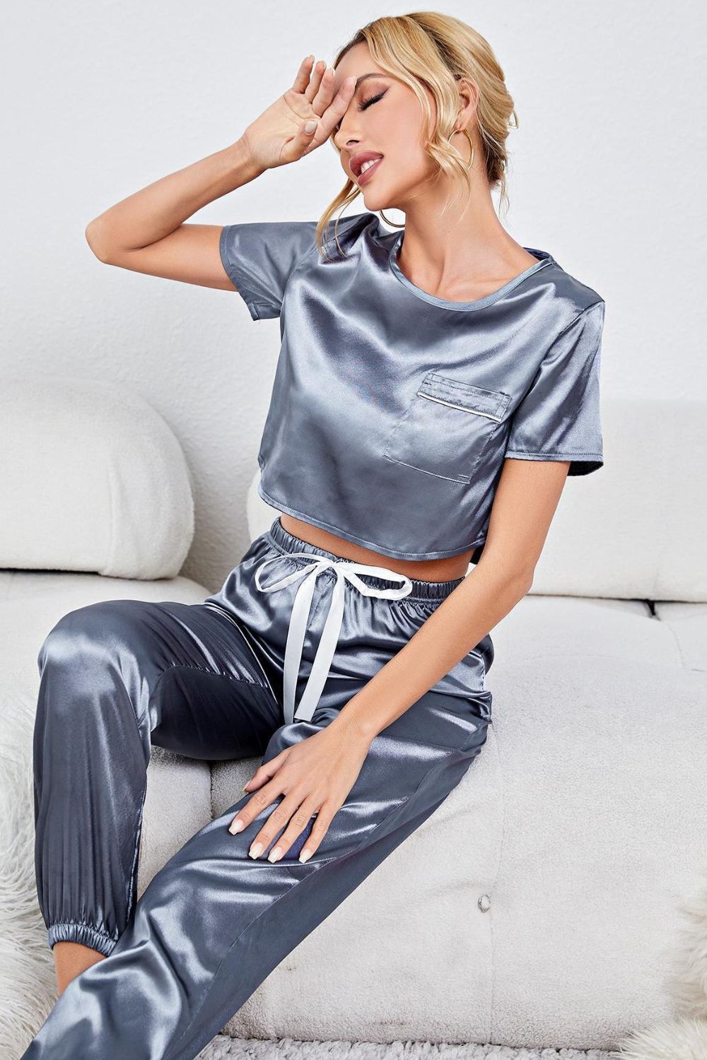 Serena Satin Polyester Blend Short Sleeve Crop Top and Drawstring Waist Two Piece Lounge Set (Steel)