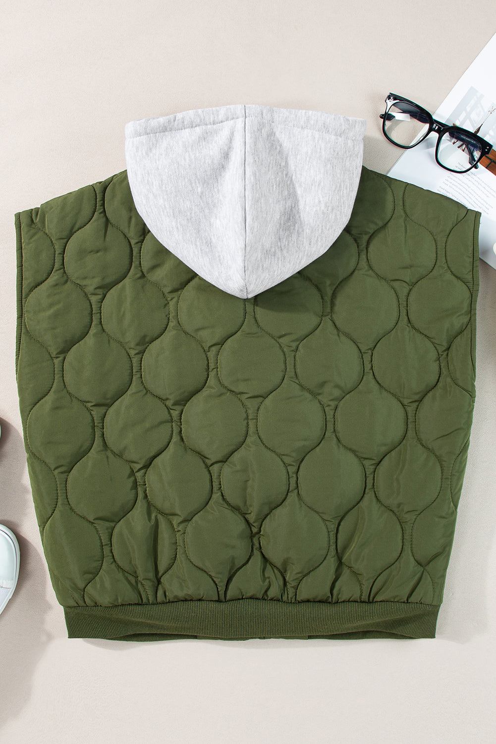 Our Best 100% Polyester Deluxe Quilted Drawstring Zip-Up Hooded Vest Coat (Moss/Black)