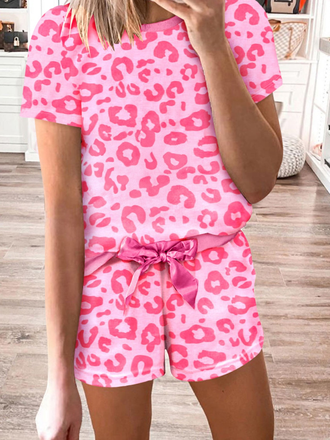 Samantha On Safari Polyester Blend Round Neck Top and Shorts Loungewear Set (Hot Pink)