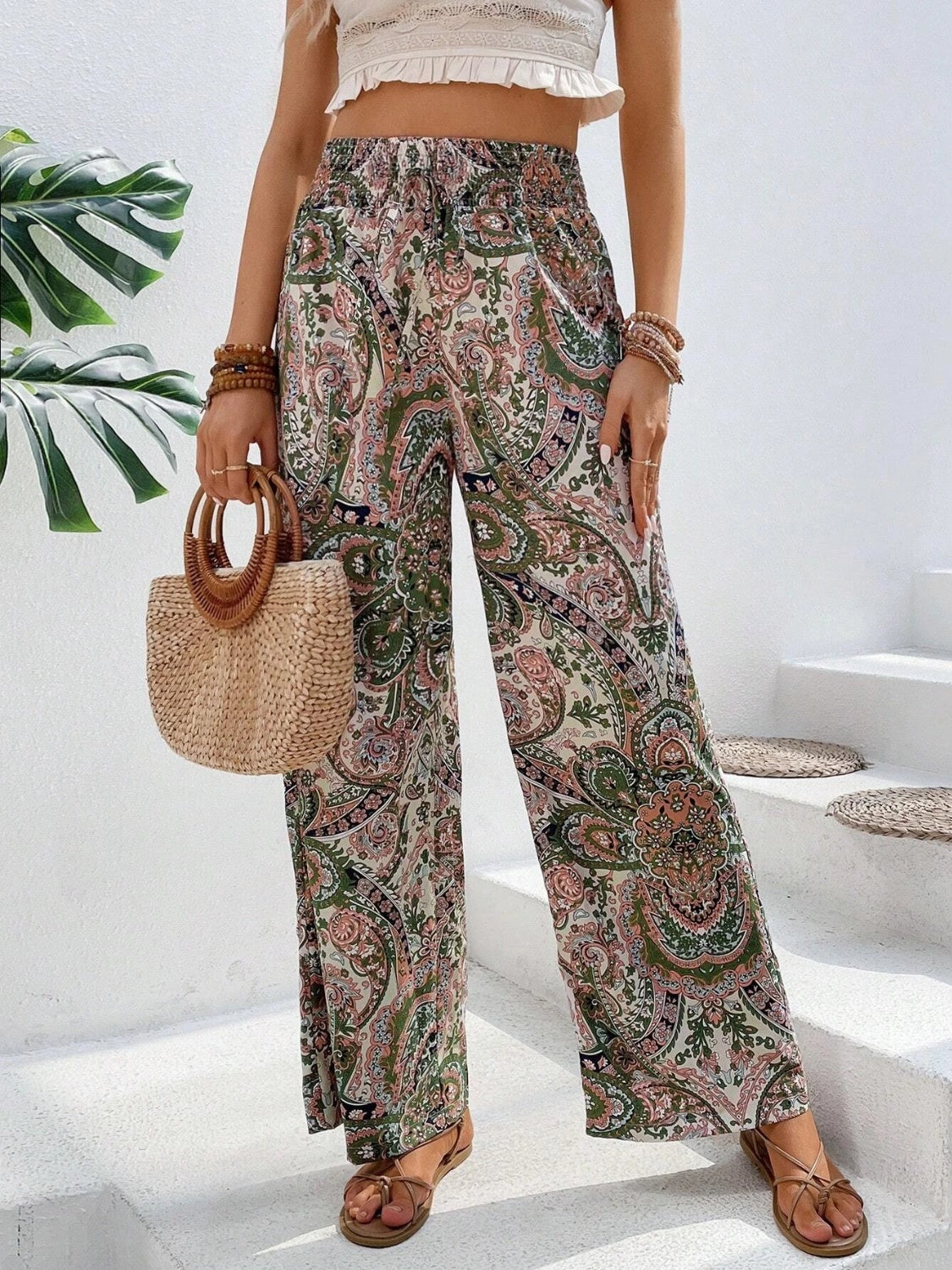 Our Best 100% Polyester Paisley Print Drawstring Waist Wide Leg Palazzo Pants (Multicolor)