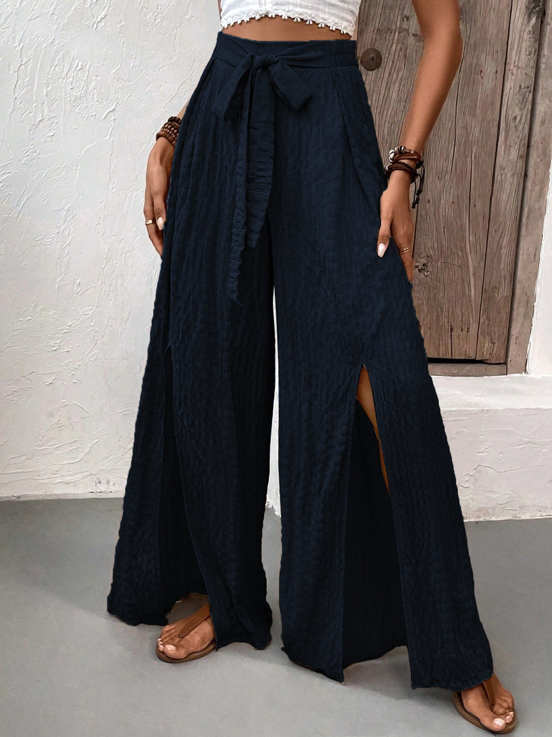 Our Best Polyester Blend Crinkle Fabric Sash Tie Slit Detail Wide Flare Palazzo Pants (Multicolor)