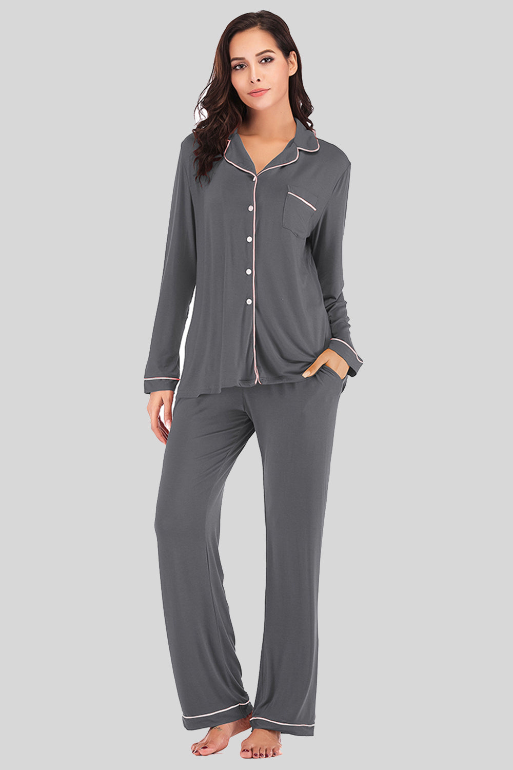 Simona Slumbertime Nylon Blend Long Sleeve Pocket and Piping Detail Loungewear Set (Multicolor)