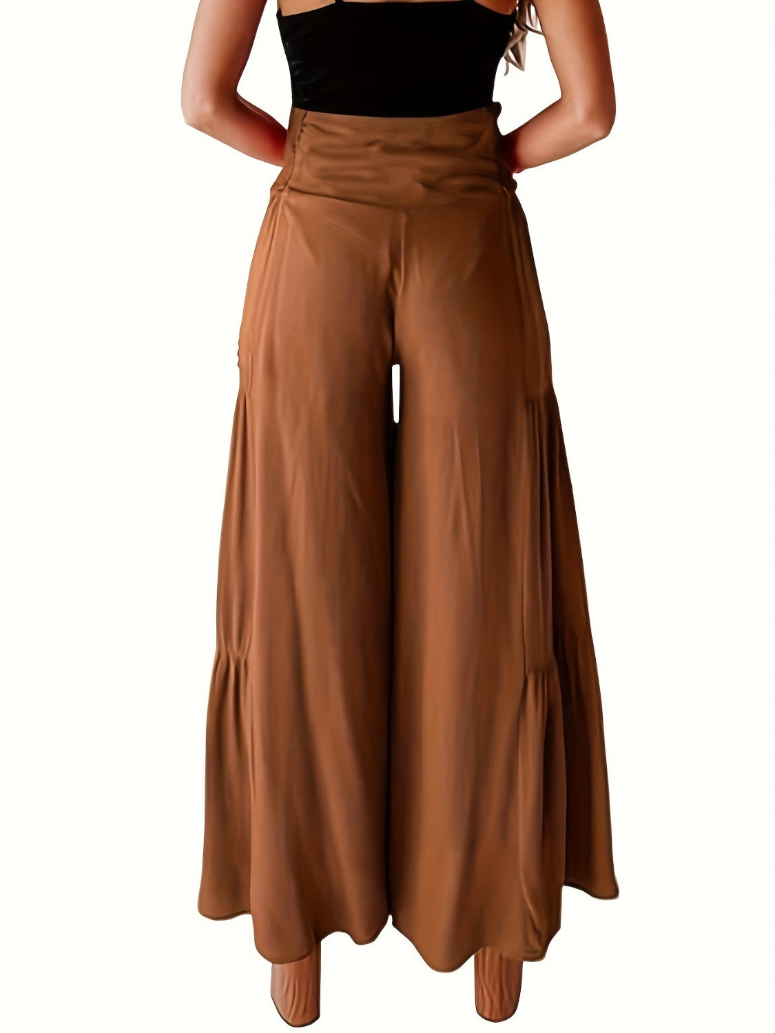 Our Best 100% Polyester Smocked Button Detail Pleated Wide Leg Palazzo Pants (Brown)