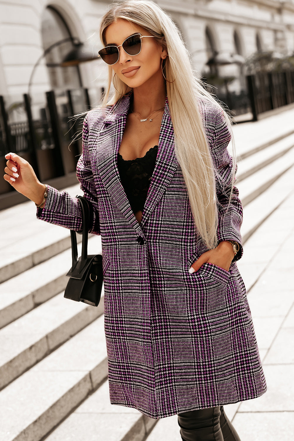 Our Best 100% Polyester Fashion Plus Pocket Detail Plaid Lapel Collar Longline Blazer (Lilac)