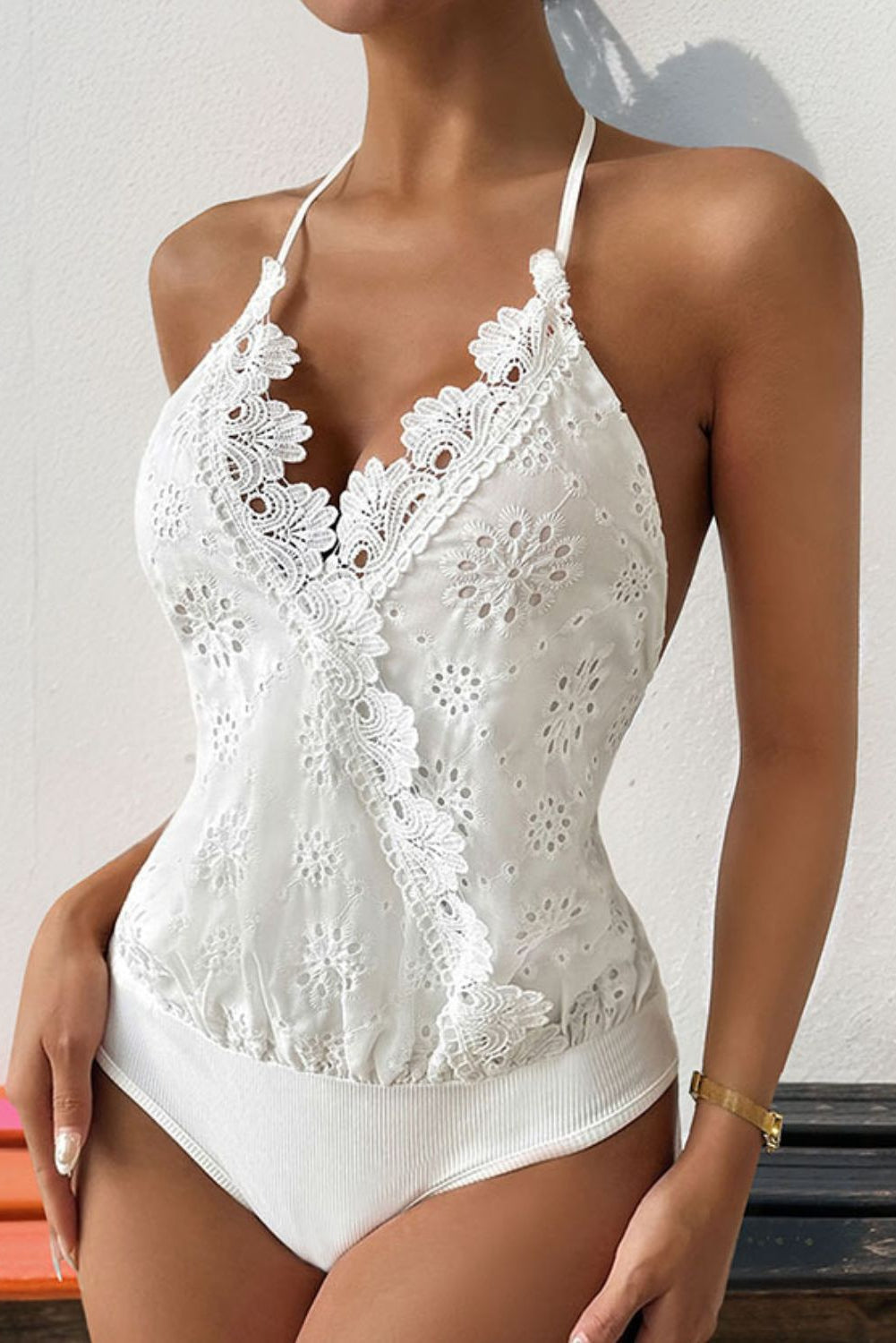 Perfee Polyester Blend Fashion Plus Scalloped Lace Eyelet Detail Halter Neck Backless Bodysuit (White)