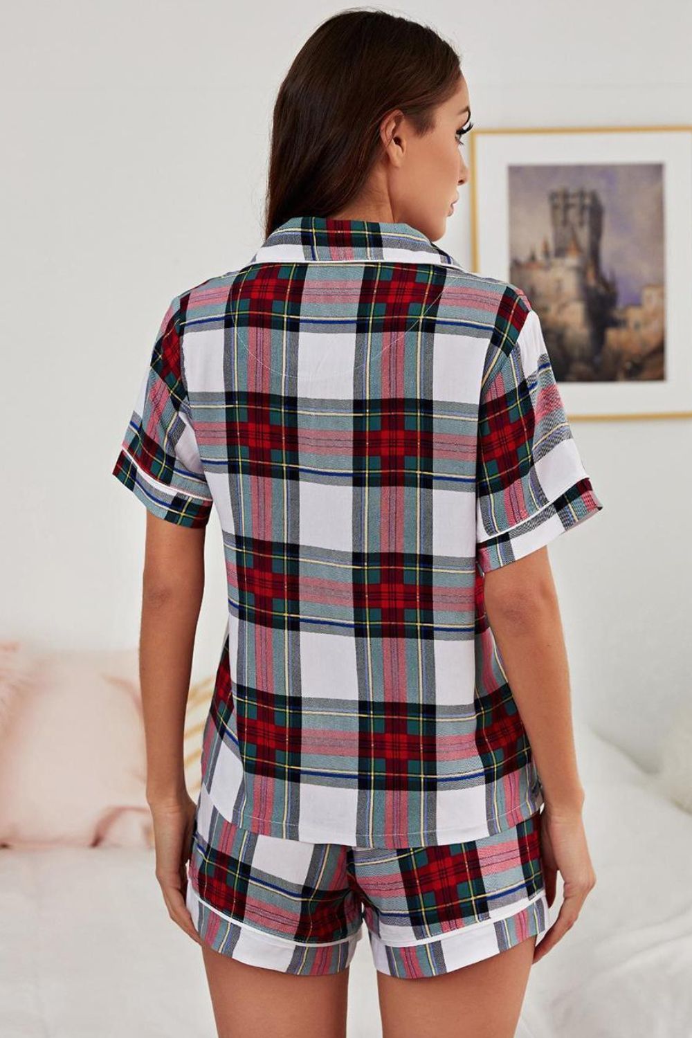 Come Plaid With Me Collared Neck Short Sleeve Sash Tie Two-Piece Loungewear Set (Plaid)