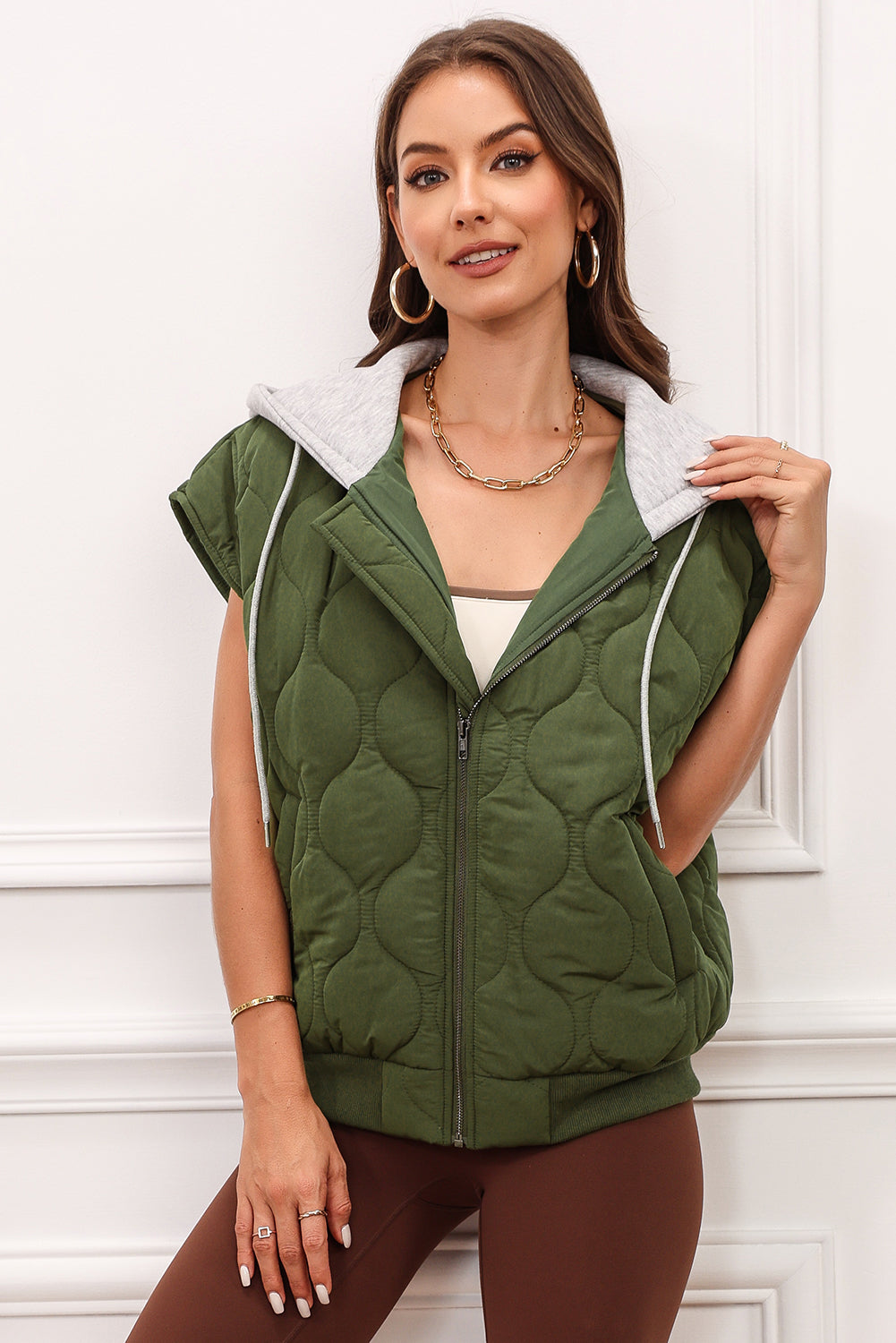 Our Best 100% Polyester Deluxe Quilted Drawstring Zip-Up Hooded Vest Coat (Moss/Black)