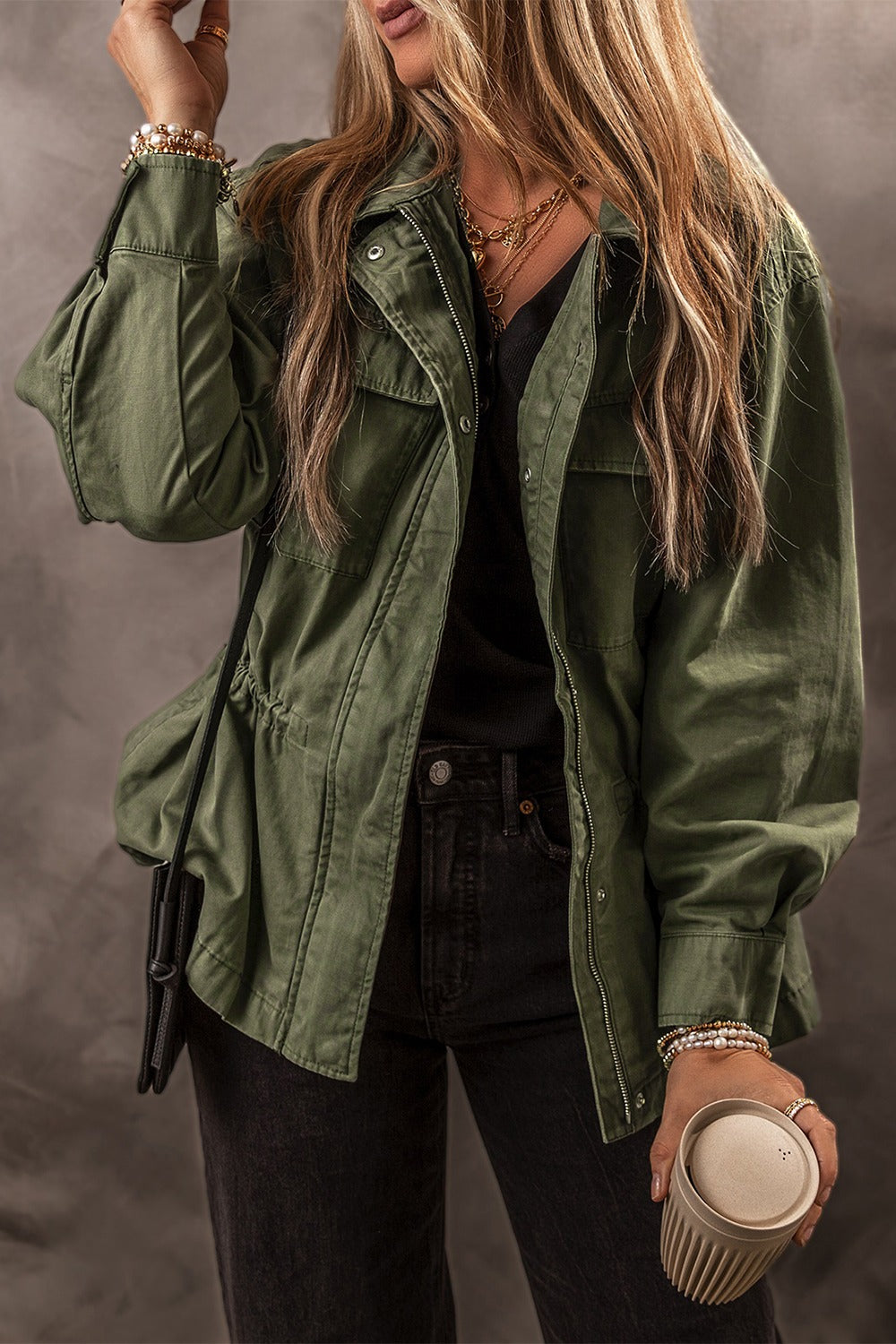 Our Best 100% Cotton Zip Up Long Sleeve Fashion Statement Jacket (Army Green)