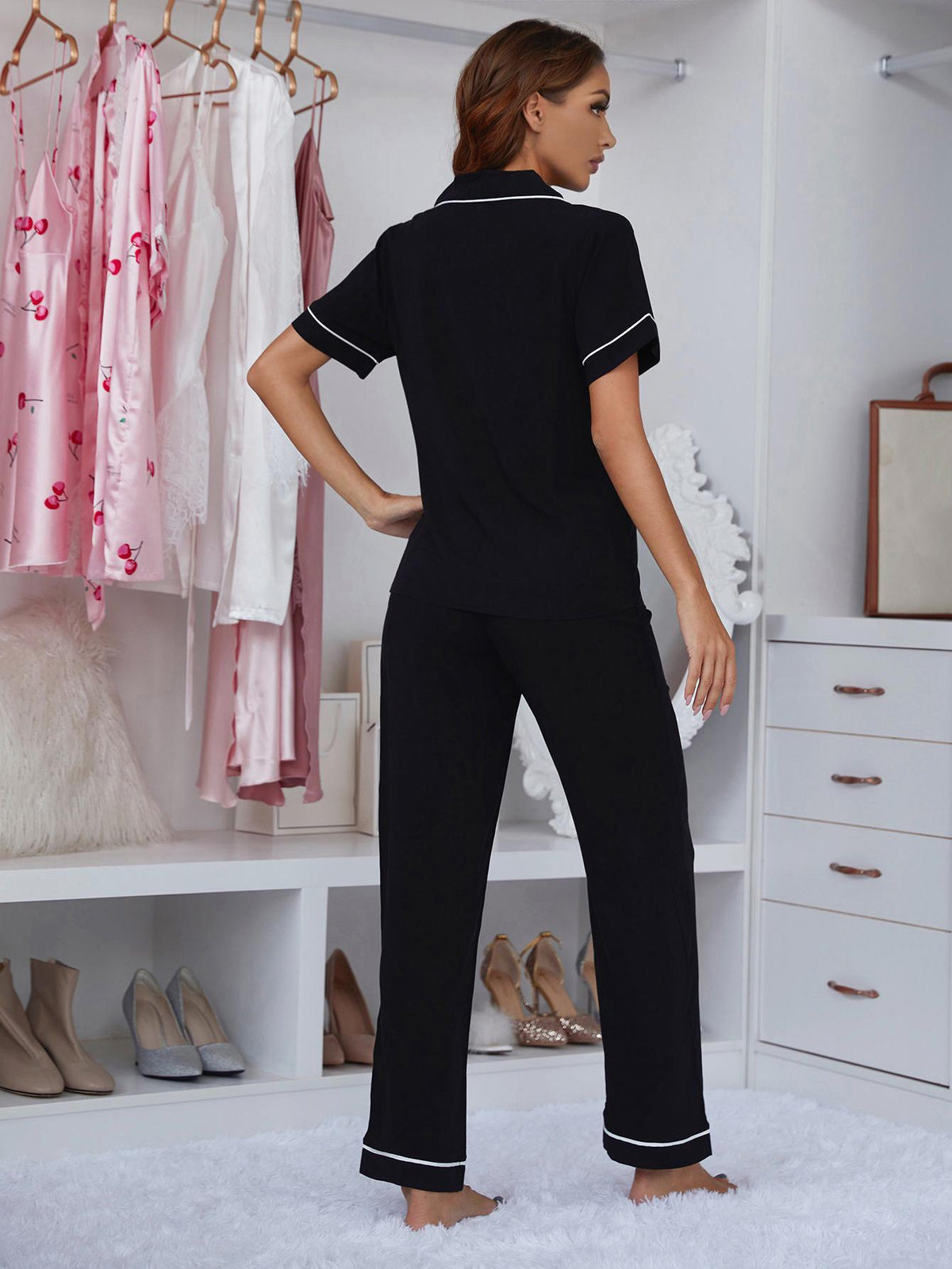 Simona Slumbertime 100% Viscose Piping Detail Lapel Collar Button-Up Top and Shorts Pajama Set (Black)