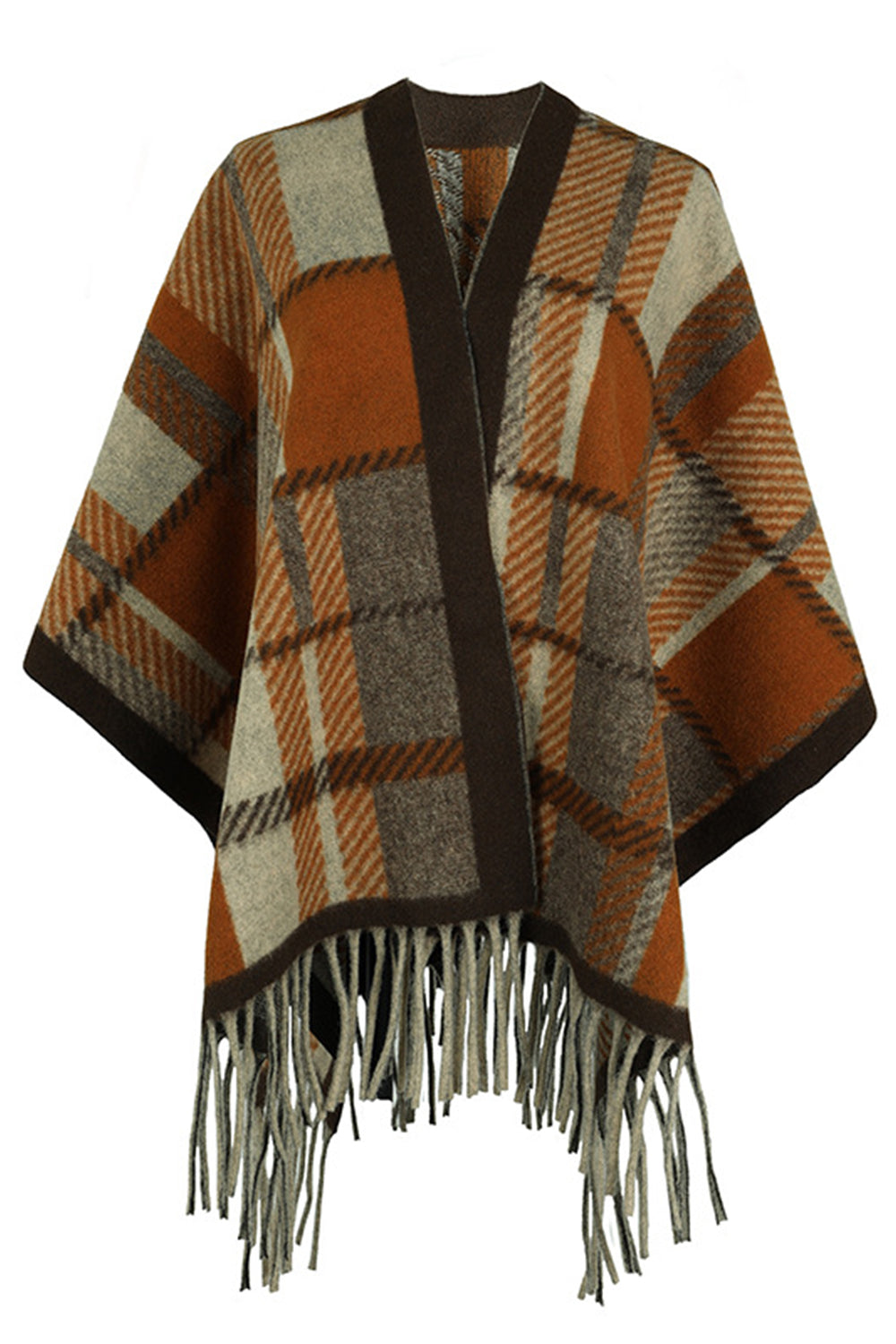 Monah Paloma Acrylic Blend Pretty-n-Plush Cloak Long Sleeve Fringe Detail Plaid Poncho (Multicolor)