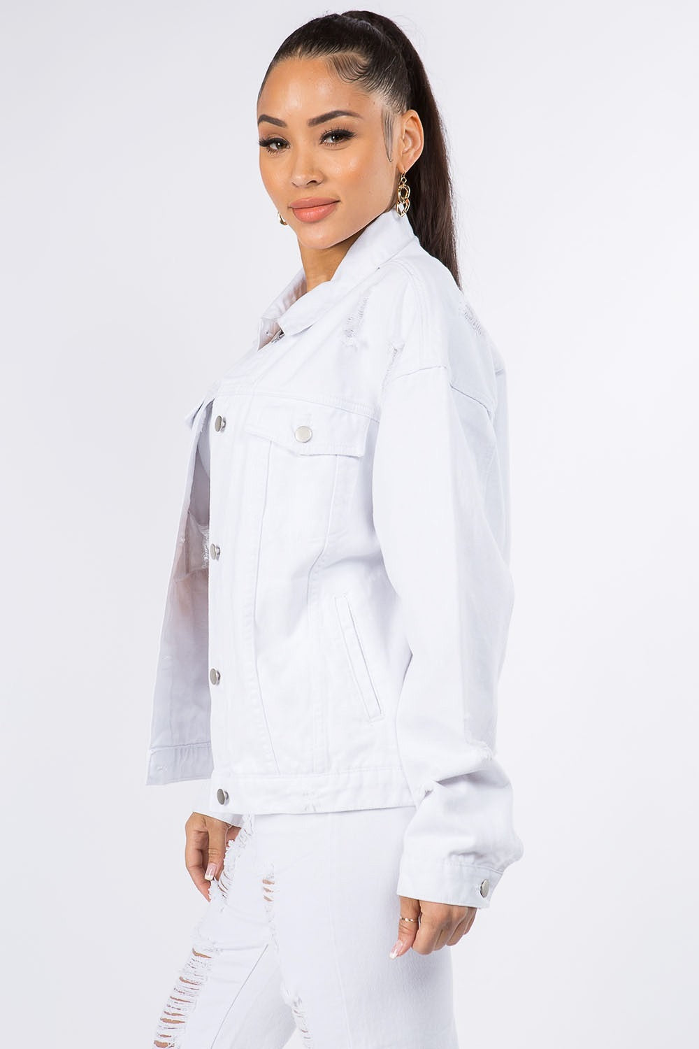 American Bazi 100% Cotton Graphics Distressed Long Sleeve Denim Midi Jacket (White)