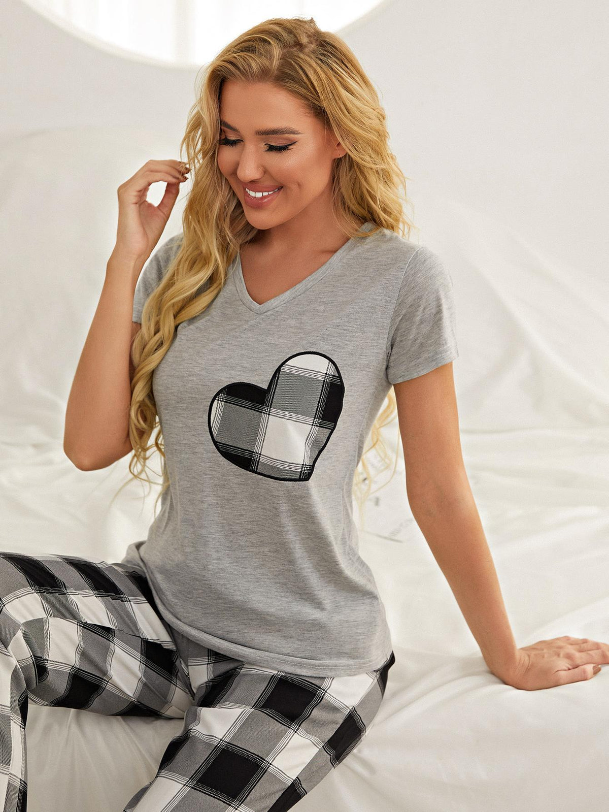 Our Best Polyester Blend Plaid Heart Tee Top and Pocket Detail Pants Two Piece Lounge Set (Gray)