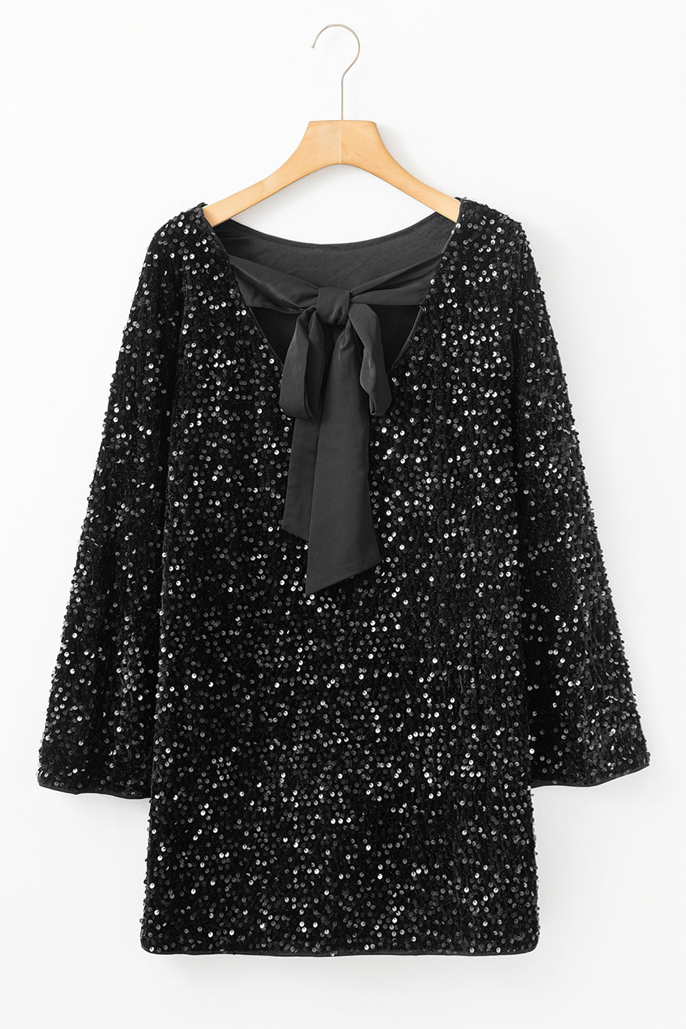 Fashion Plus 100% Polyester Sequin Emblazoned Bow Back Long Sleeve Mini Dress (Black)