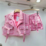 Retro Pink Large Pocket Denim Suit Spring Summer Sleeveless Short Vest High Waist Hip Wrapped Skirt 2 Pieces Sets Women Outfits - treasures-4-u-2-day
