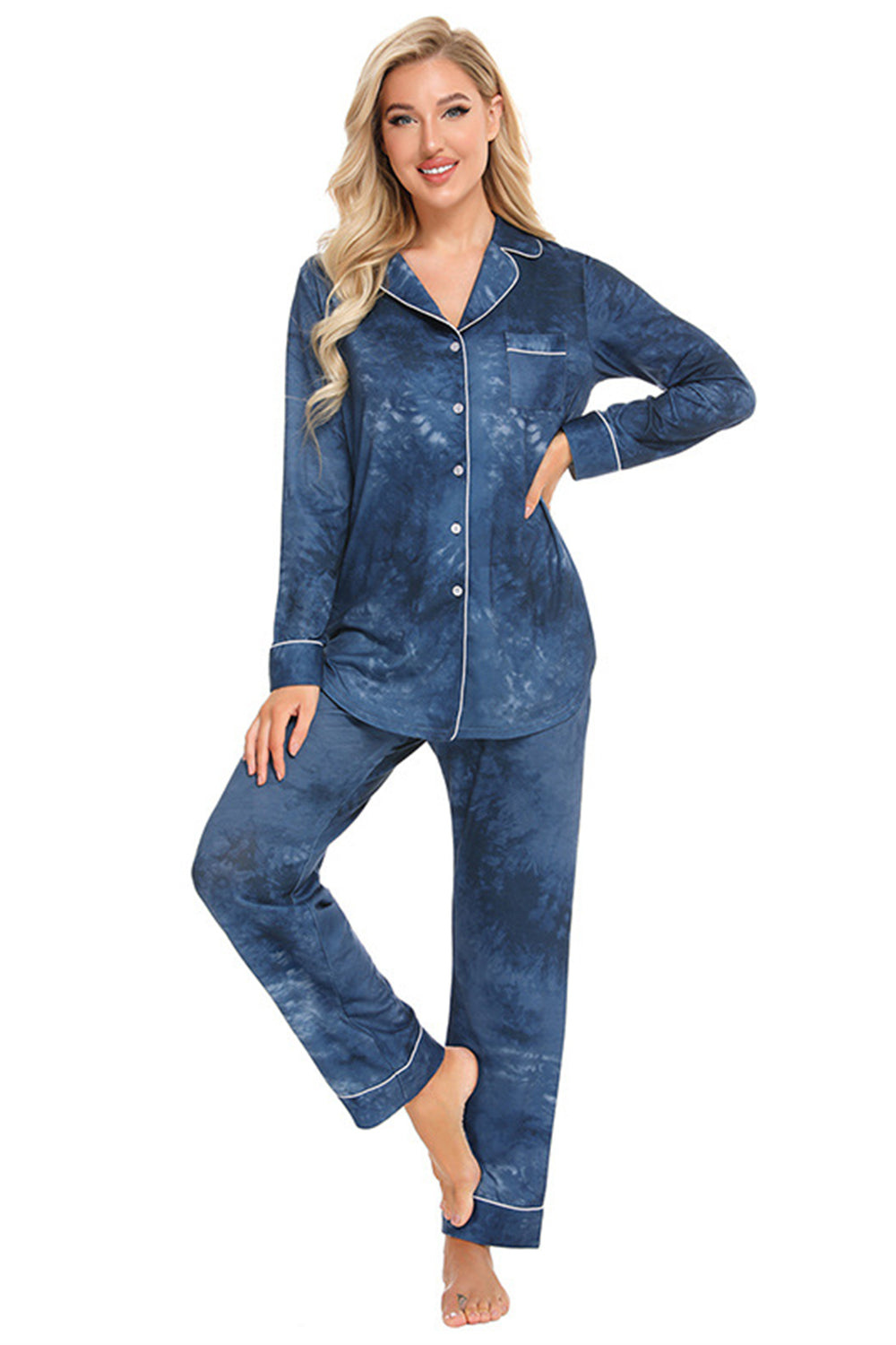 Simona Slumbertime Nylon Blend Long Sleeve Pocket and Piping Detail Loungewear Set (Multicolor)