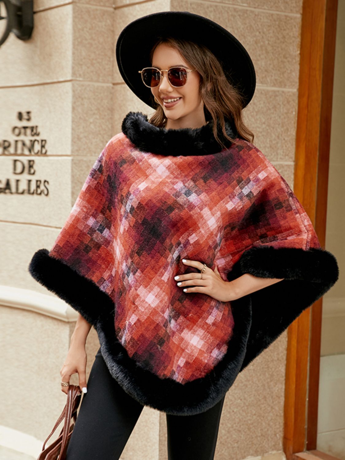 Monah Paloma 100% Polyester Pretty-n-Plush Faux Fur Collar and Trim Plaid Poncho (Multicolor)