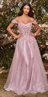 Cinderella Divine CD0198 Long Lace A-Line Gown with Off the Shoulder Sleeves