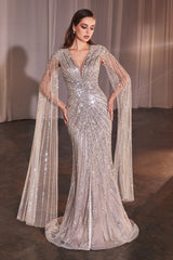 Long Sleeve Fully Beaded Sheath Gown