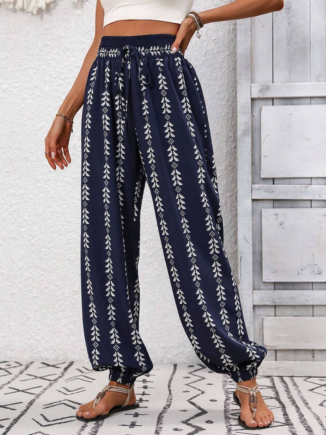 Our Best 100% Polyester Sash Tie Waist Exotic Print High Waist Pants (Multicolor)