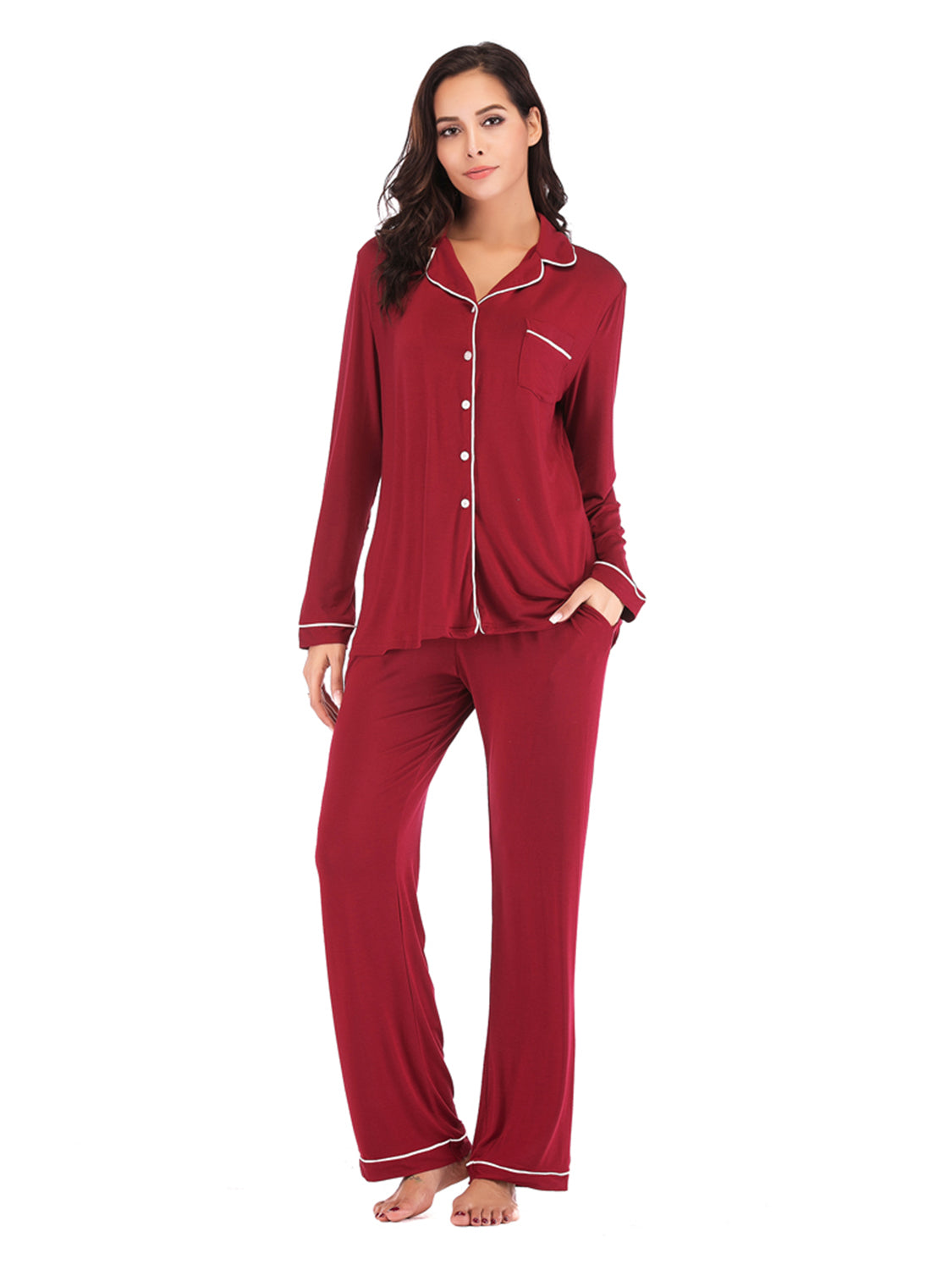 Simona Slumbertime Nylon Blend Long Sleeve Pocket and Piping Detail Loungewear Set (Multicolor)