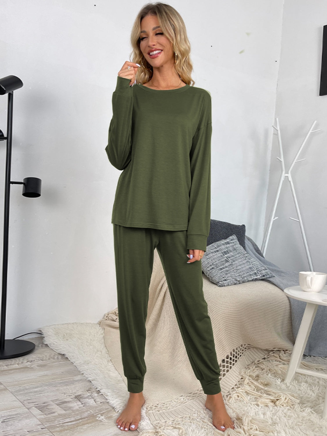 Our Best Polyester Blend Long Sleeve Top and Drawstring Waist Joggers Two Piece Lounge Set (Multicolor)