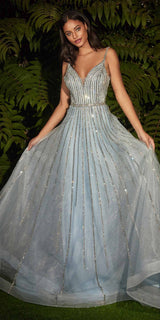 Cinderella Divine CD940 Stunning A-Line Ball Gown Glitter Tulle Long V-back