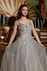 A-Line Beaded Gown With Lace Detail - treasures-4-u-2-day