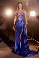 Fitted Satin Gown With Beaded Bodice