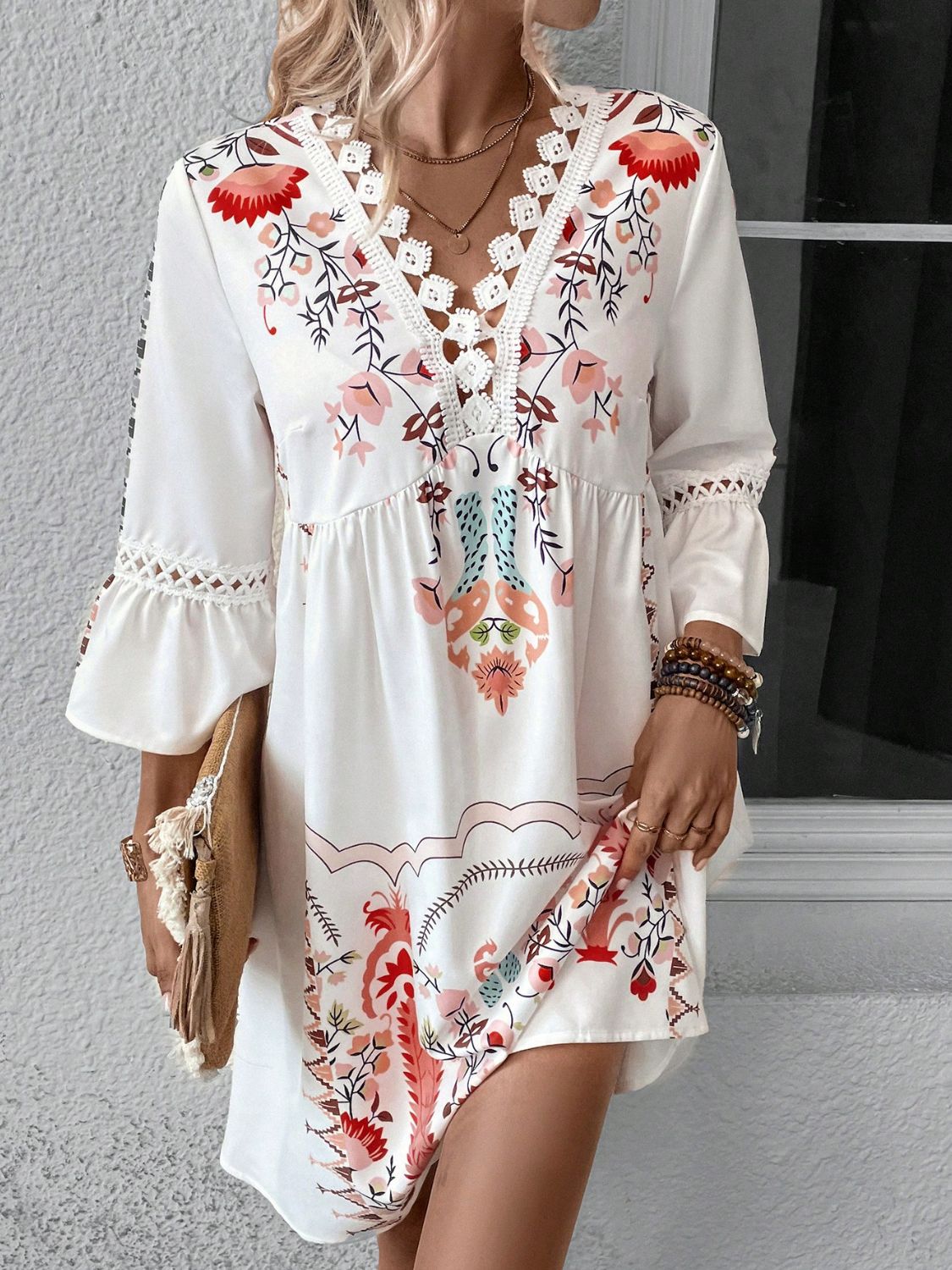 Our Best 100% Polyester Exotic Floral Print Lace Detail V-Collar Three-Quarter Sleeve Dress (Variants)