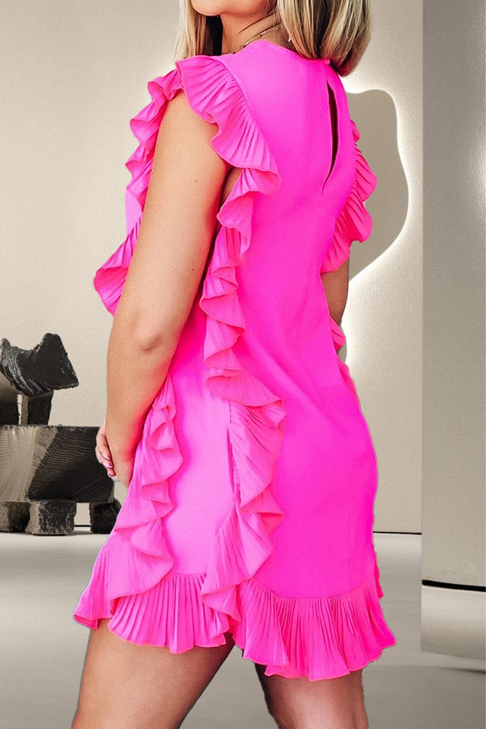 Paulina Party Princess 100% Princess Ruffled Round Neck Cap Sleeve Mini Dress (Hot Pink)