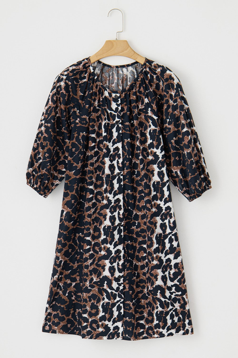 Our Best 100% Cotton Leopard Print Pattern Button Up Half Sleeve Mini Dress (Leopard)