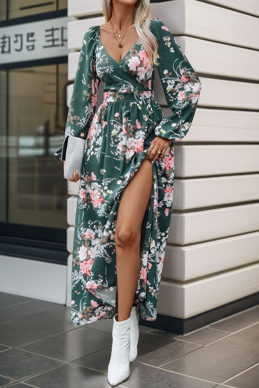 Our Best 100% Polyester Exotic Floral Print Perfee Slit Surplice Long Sleeve Maxi Dress (Variants)