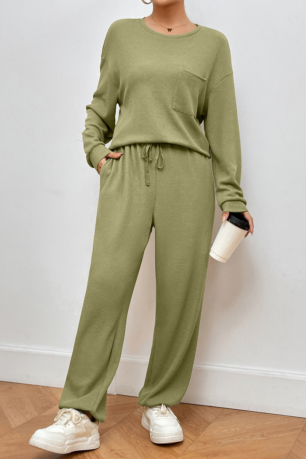 Our Best Polyester Blend Long Sleeve Top and Pocket Detail Jogger Pants Two Piece Lounge Set (Matcha Green)