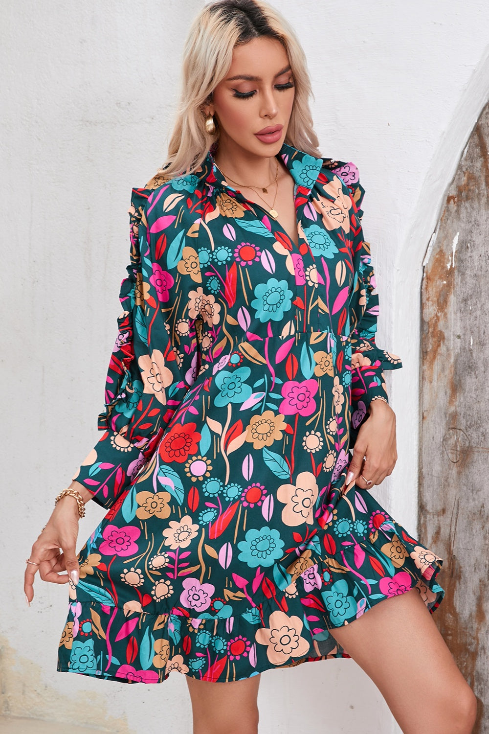 Printed Notched Lantern Sleeve Mini Dress