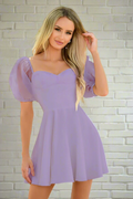 Chloe Sweetheart Neckline Puff Sleeve Mini Dress (Lilac)